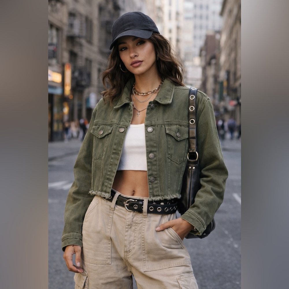 Cropped Olive Green Denim Jacket w/ Frayed Hem| Urban Outfitters Style